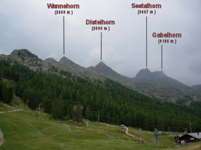 Blick von der Hannigalp zum Wanne-, Distel-, Seetal- und Gabelhorn.