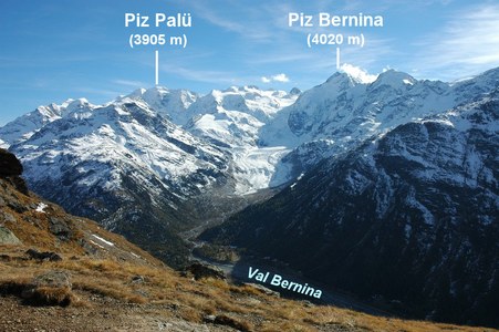 Blick von der Paradishütte zum Berninamassiv.