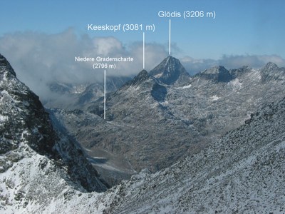 Ausblick vom Schneefeld in Richtung Keeskopf und Glödis.